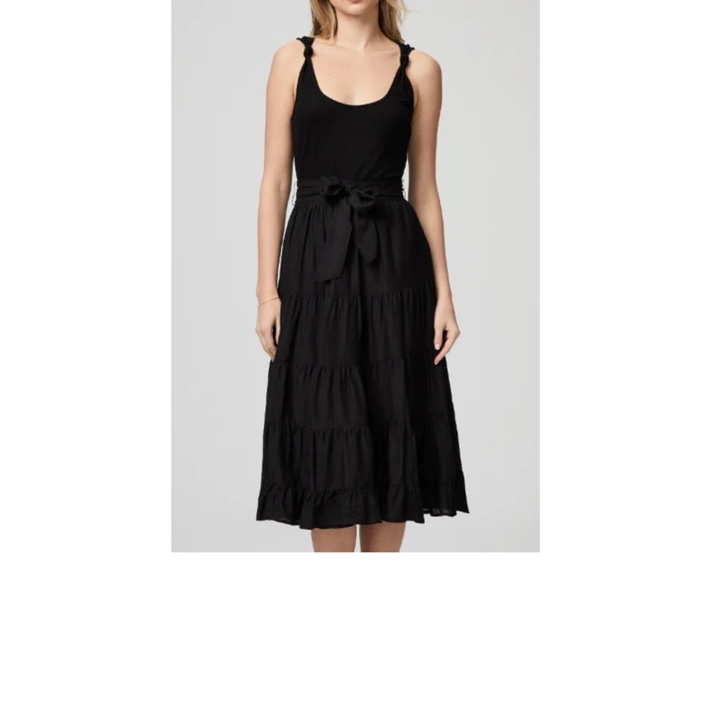 Paige Samosa Dress- Women's Black Tiered Midi Dress with Waist Tie